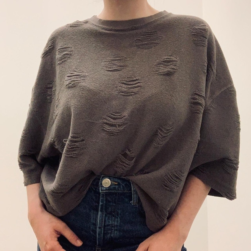 Zara Grey Dolman Short Sleeveeve Ripped Distressed Sweater Sz S